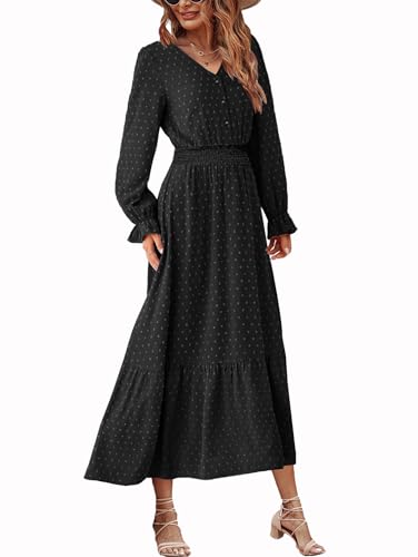 CzzzyL Women Nursing Boho Maxi Dress Swiss Dot Smocked with Pockets - color: S-black, size: Medium