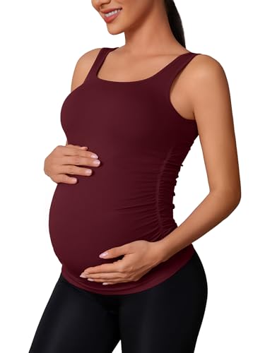 ATTRACO Maternity Tank Tops Seamless Side Ruche Sleeveless Pregnancy Basic Shirt with Built in Bra - color: Wine, size: Large