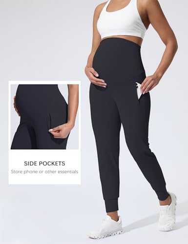 Mama Land Maternity Joggers Over Belly Pants with Zipper Pockets - color: Navy Blue, size: Medium