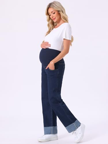 Women Maternity Jeans Straight Leg Cuffed Denim Work Pants - color: Black Blue, size: Medium