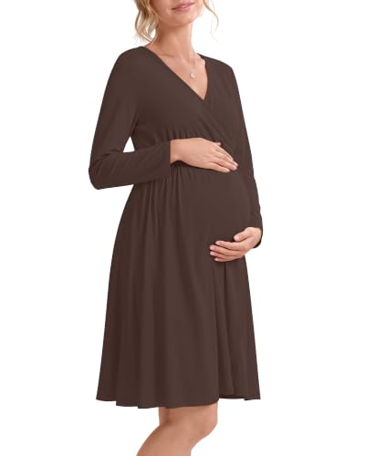 Locoowai Maternity Long Sleeve Dress Fall Wrap Nursing Dress - color: Brown, size: Large