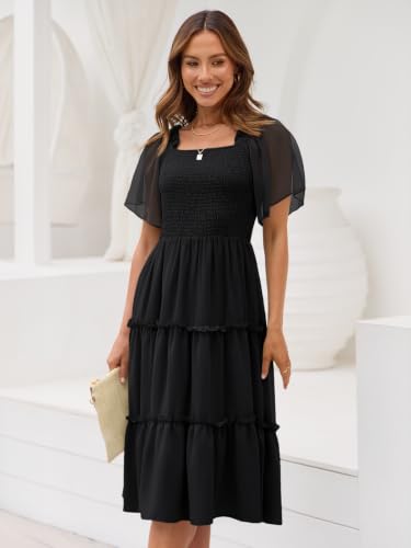 LILLUSORY Women Tiered Flutter Sleeve Square Neck Smocked Midi Dress - color: Black, size: X-Large