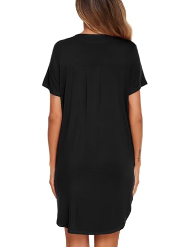 Ekouaer Nightgowns for Women Button Down Sleepshirts V Neck Sleep Dress - color: Black, size: Medium