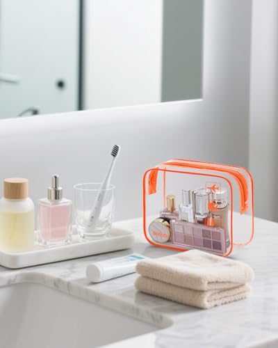 WANDF TSA Approved Toiletry Bag, 2 Pack Clear Makeup Bag - color: Orange, size: Pack of 2