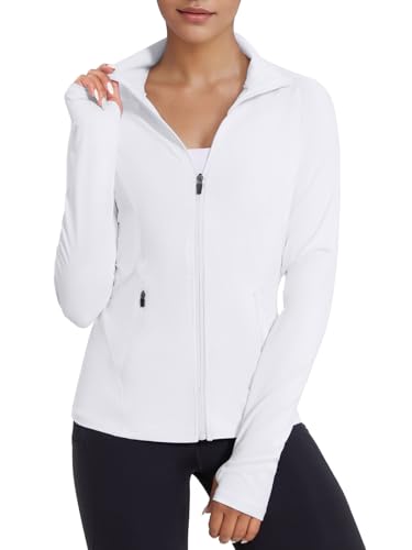 VUTRU Women Zip Up Athletic Jacket Slim Fit Workout Tops with Pocket - color: White, size: Small
