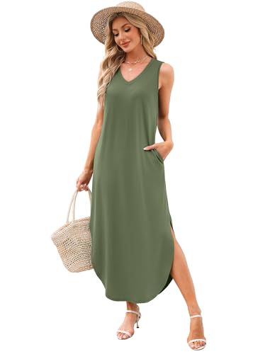 Sampeel Summer Dresses Maxi Dress Vacation Beach Sundresses 2025 with Pockets - color: Army Green, size: Medium