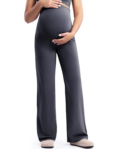 POSHDIVAH Creamluxe Maternity Wide Leg Pants Pregnancy Work Trousers - color: Charcoal Gray, size: XX-Large