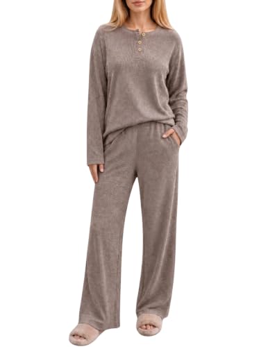 Ekouaer Womens Pajama sets Long Sleeve Cozy 2 Piece Matching Lounge Set - color: Brown, size: Large