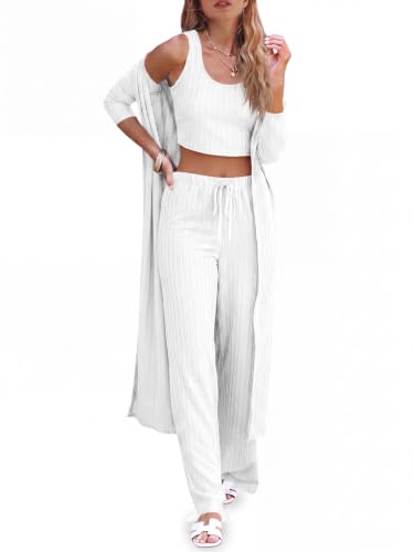 Fessceruna Womens 3 Piece Lounge Pajamas Sets Cute Vacation Matching Set - color: A-white, size: Medium