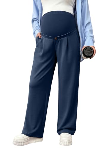 BLENCOT Maternity Pants Over Belly Stretchy Wide Leg Work Trousers - color: Dirty Blue, size: Medium