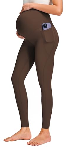 JOYSPELS Smooth Feeling Maternity Workout Leggings with Pockets Pregnancy Pants Over The Belly - color: Cappuccino, size: Medium