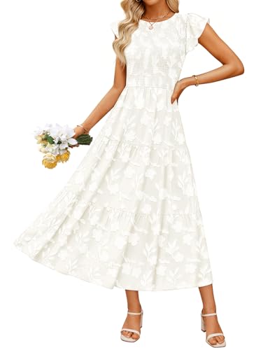 ZESICA Women's Summer Floral Boho Smocked Flowy Maxi Dress - color: White, size: Large
