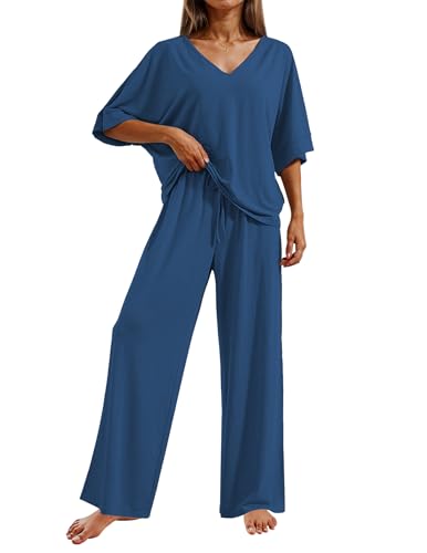 Ekouaer Pajama Sets Womens 2 Piece Short Sleeve Long Pants Pjs Lounge Set - color: Dark Blue, size: X-Large