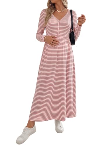 BLENCOT Maternity Dress V Neck Long Sleeve Striped Button Down Maxi Dresses - color: Pink, size: Medium