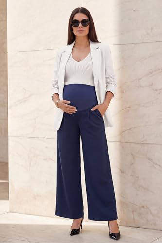 OUGES Women's Wide Leg Summer Business Casual Maternity Pants with Pockets - color: Navy, size: Medium