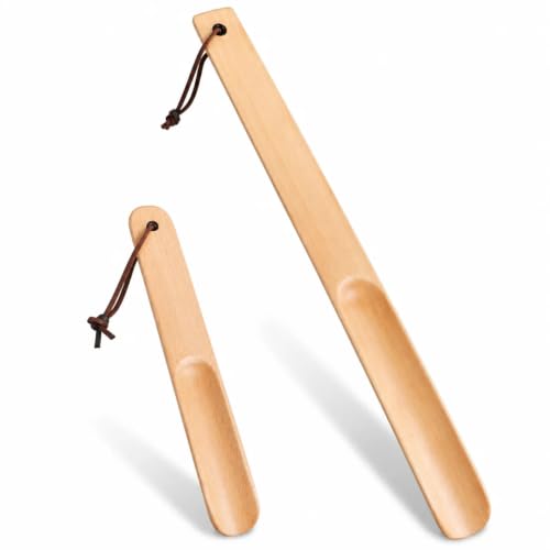 2pcs Wooden Long Handle Shoe Horn Set, Long & Short Wood Shoe Horn