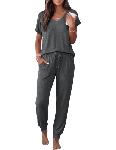 Ekouaer Womens Pajama Sets 2 Piece Lounge Set Short Sleeve Jogger Pants Pjs - color: Dark Grey, size: X-Large