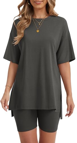 RUBZOOF Women 2 Piece Lounge Sets Summer Outfits Shorts Set - color: Deep Grey, size: Large