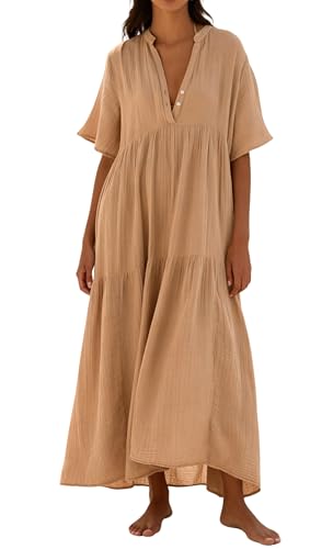 R.Vivimos Womens Summer Cotton Casual Flowy Maxi Dress - color: Light Khaki, size: Medium