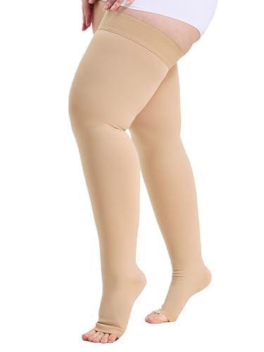 TOFLY Open Toe Thigh High Compression Socks 20-30mmHg for Women and Men - color: 20-30mmhg Open-toe Beige, size: 5X-Large