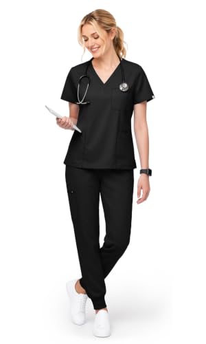 Scrubs for Women Set, V-Neck Top & Jogger Pants - color: Black, size: Medium