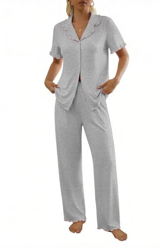 Ekouaer Womens Pajama Sets Short Sleeve Printed PJs Button Down Sleepwear - color: Light Grey, size: Small