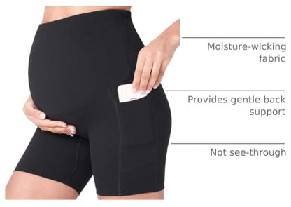 POSHDIVAH Maternity Biker Shorts Over the Belly with Pockets 5"/8" - color: Black, size: Medium