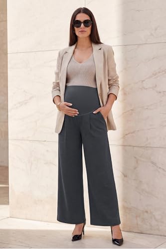OUGES Women's Wide Leg Summer Business Casual Maternity Pants with Pockets - color: Grey, size: Large