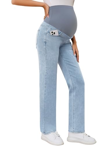 POSHGLAM Women's Maternity Jeans Straight Leg Over Belly Comfy Stretch Casual Denim Pants - color: A01 Light Blue, size: Large