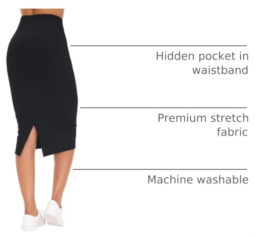 THE GYM PEOPLE Women's High Waist Pencil Bodycon Midi Skirts Below Knee - color: Black, size: Large