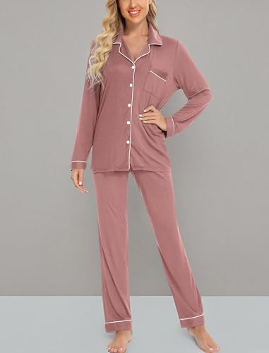 Leikar Button Up Pajamas For Women Long Sleeve Viscose Soft Pjs Lounge - color: Brick Red, size: Medium
