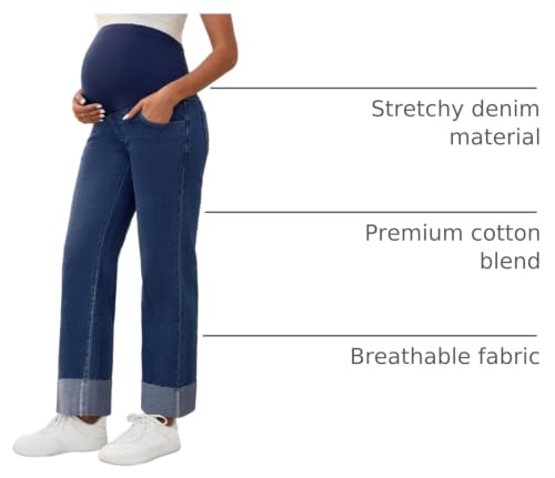Women Maternity Jeans Straight Leg Cuffed Denim Work Pants - color: Dark Blue, size: Medium