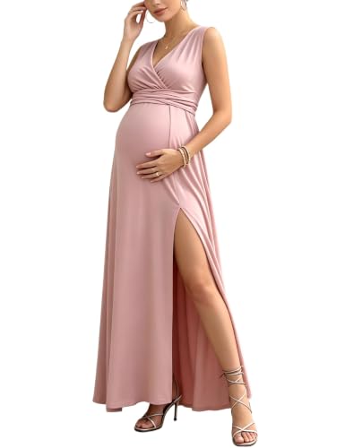Maternity Maxi Dress Sleeveless V Neck Wrap High Slit Shower Gown - color: Pink, size: X-Large