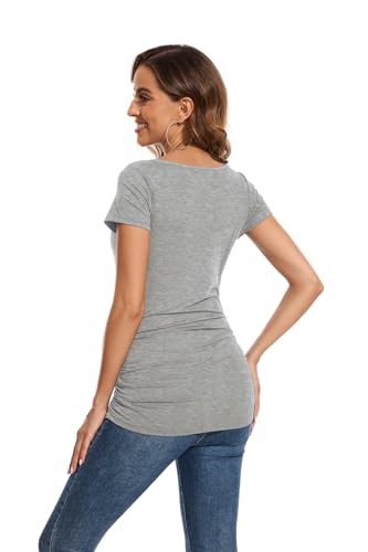 Smallshow Women's 4 Pack Maternity Shirts Short Sleeve Pregnancy Tops Clothes - color: Black-deep Grey-light Grey-light Grey Stripe(4 Pack), size: Large