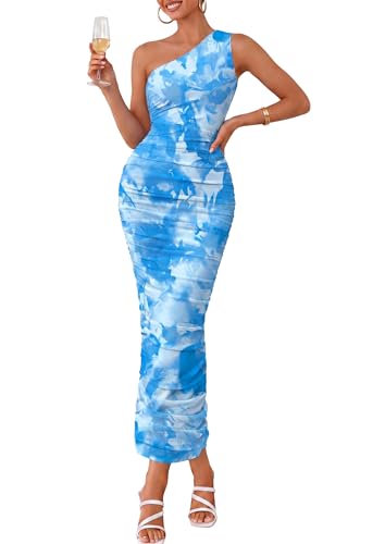 PRETTYGARDEN One Shoulder Maxi Dress Ruched Printed - color: Blue, size: XX-Large
