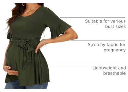 Women's Ruffle Maternity Tops Short Sleeve Wrap Tie Front Shirts Pregnancy Clothes - color: Army Green, size: Medium