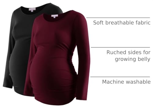 Maternity Shirt Long Sleeve Basic Top Ruch Sides Bodycon Tshirt for Pregnant Women - color: Black/Burgundy, size: Small