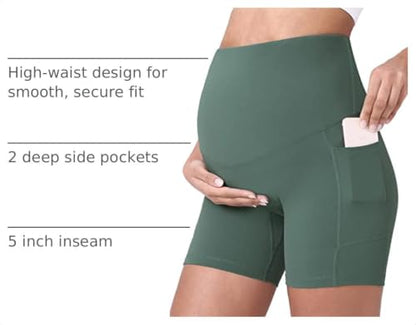 POSHDIVAH Maternity Biker Shorts Over the Belly with Pockets 5"/8" - color: Crab Green, size: Medium