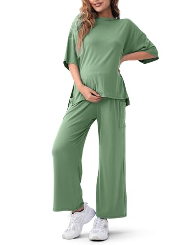 Maternity Lounge Set, 2 Piece Matching Set with Wide Leg Pants - color: Sage Green, size: Large