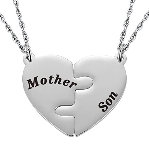 Ralukiia Mother & Son Heart Matching Necklace Set - Graduation, Birthday Jewelry - style: mother son silver