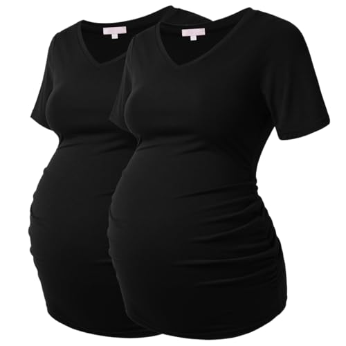 Bhome Maternity Shirt Short Sleeve Pregnancy Tshirt Side Ruched Tee Top - color: Black/Black, size: X-Large