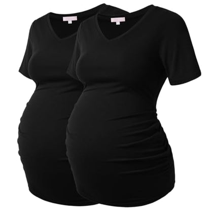 Bhome Maternity Shirt Short Sleeve Pregnancy Tshirt Side Ruched Tee Top - color: Black/Black, size: Medium
