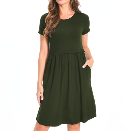 Bearsland Women's Short Sleeves Maternity Dress Nursing Breastfeeding Dresses with Pockets - color: Armygreen, size: X-Large