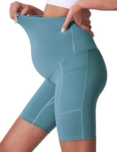 POSHDIVAH 3/4 Pack Maternity Biker Shorts Over The Belly with Pockets 5"/8" - color: Black/Blue/Pink 8", size: Large