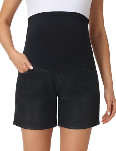Foucome Women's Maternity Jean Shorts Over the Belly - color: Wash Black, size: Medium