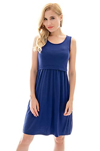 Bearsland Women's Sleeveless Maternity Dress Nursing Breastfeeding Dresses with Pockets - color: Blue, size: Small