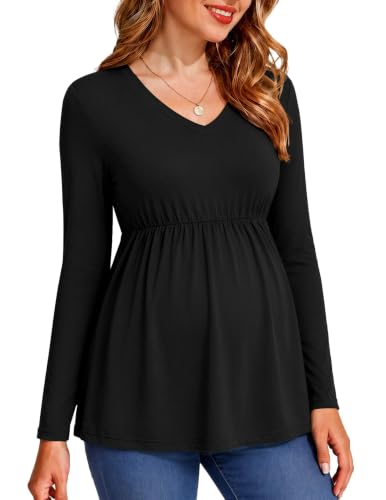 Maternity Shirts for Women Long Sleeve V Neck Fall Tops Clothes - color: Black, size: Medium