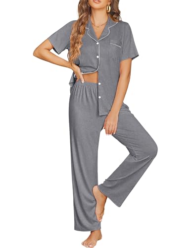Ekouaer Womens Pajama Sets Button Down Lounge Sets 2 Piece Short Sleeve Pjs - color: Grey, size: X-Large