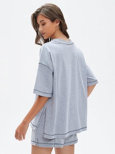 EXLURA Womens Short Sets 2 Piece Outfits Summer 100% Cotton Matching Set - color: Grey, size: Small