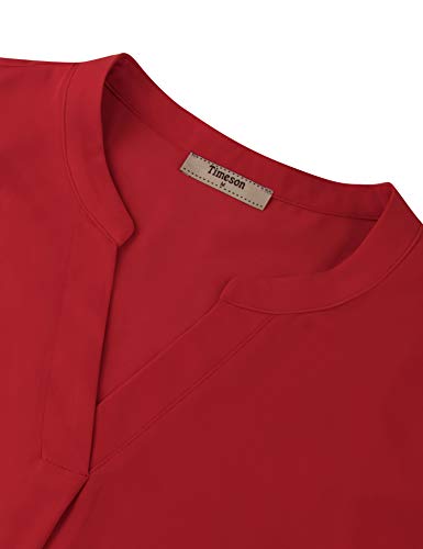 Timeson Women's Casual Chiffon V Neck 3/4 Sleeve Blouse Tops - color: Red, size: Medium
